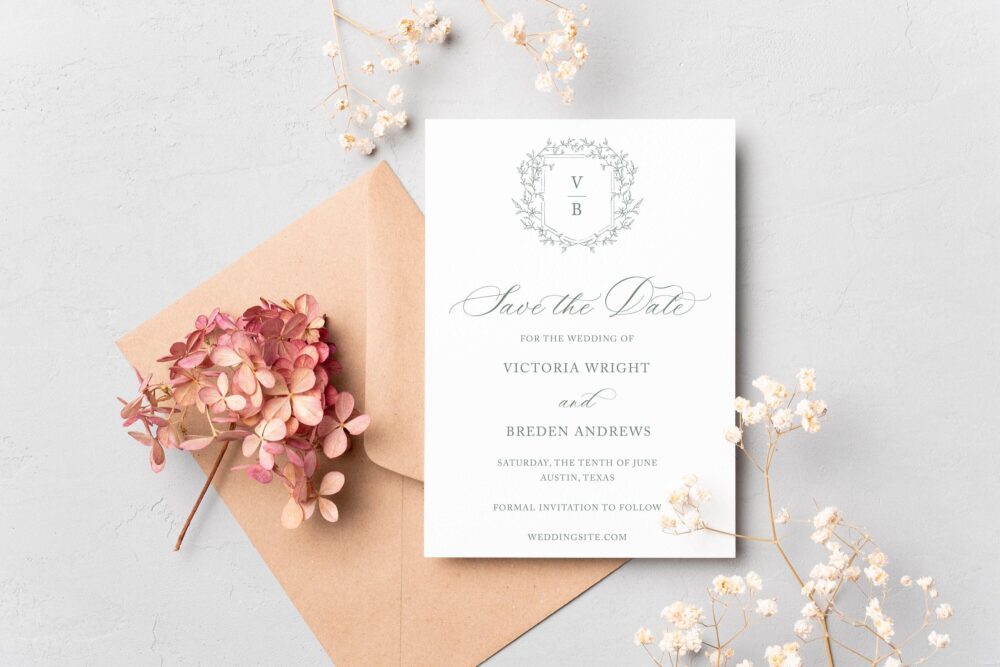 Delicate Red Save The Date For Traditional Wedding, Elegant Monogram Crest, Fine Art Envelope Liner, Printed Date, Pheobe, Rc0302