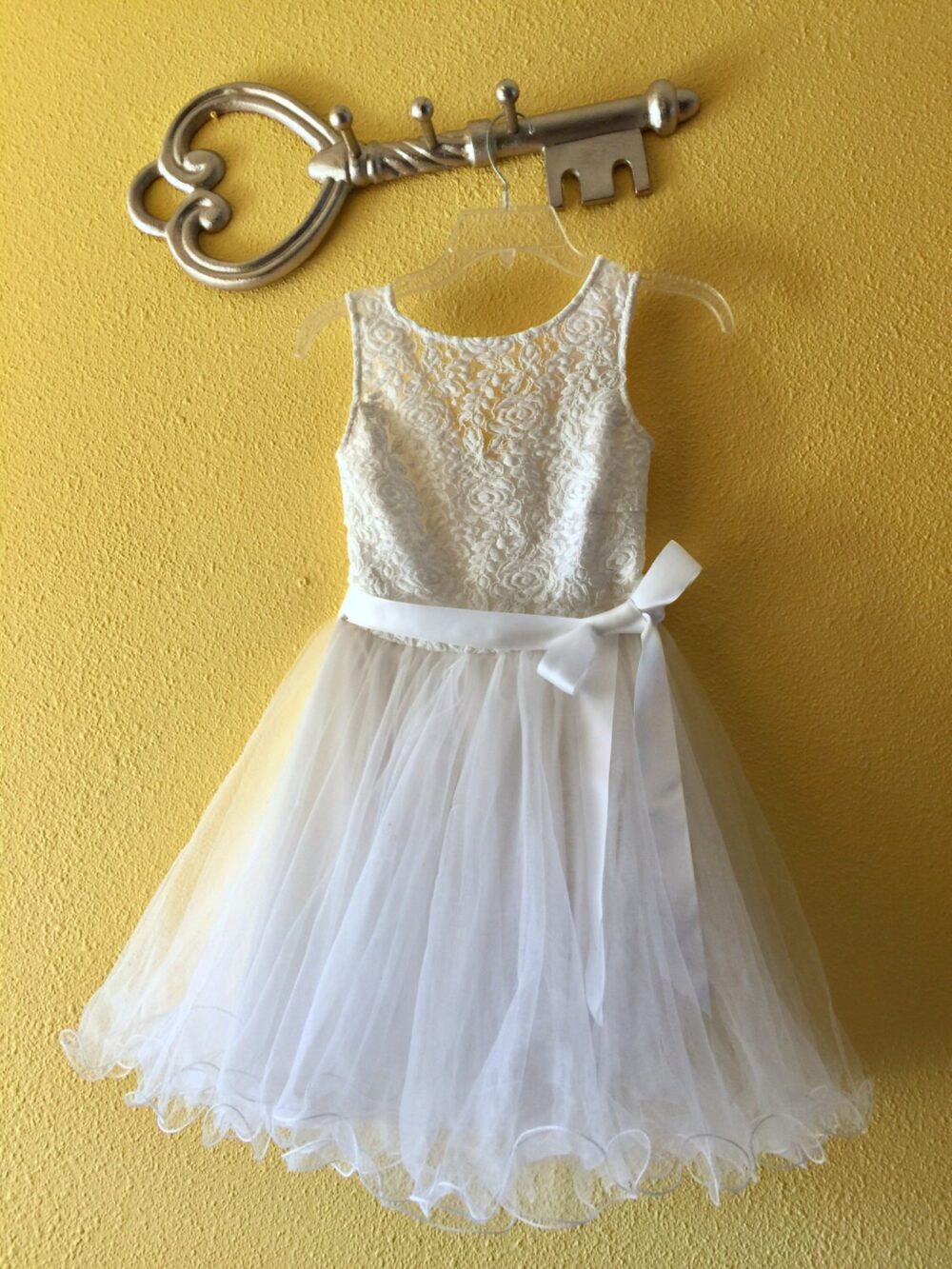 White Roses Ballerina Tulle Wedding Flower Girl Mesh Dress Tutu Formal Evening Cocktail Party Christening Gown 14 Year Princess Satin Ribbon