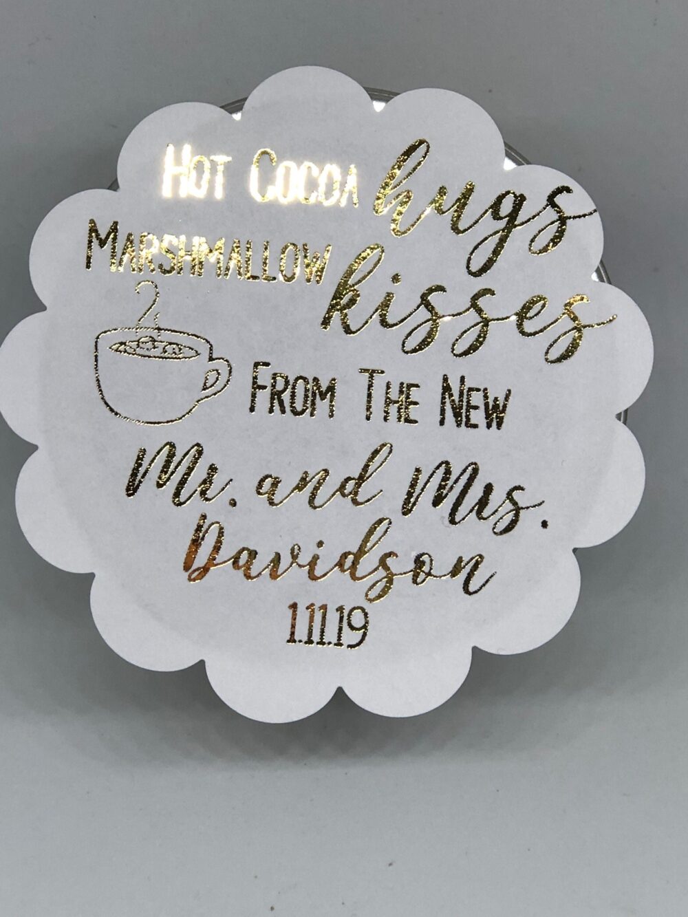 Foil Wedding Favor Labels Hot Cocoa Hugs & Kisses, 2.5" Round
