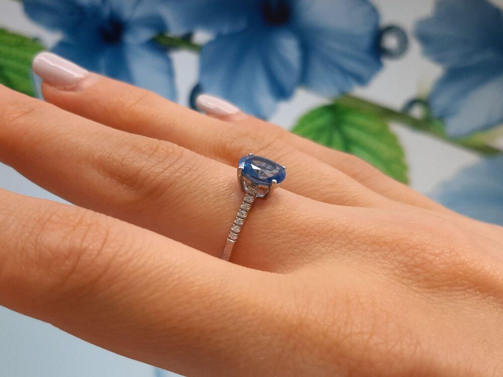 Oval 6x8 Blue Topaz Engagement Ring, Silver Simulated Diamond Anniversary Gift