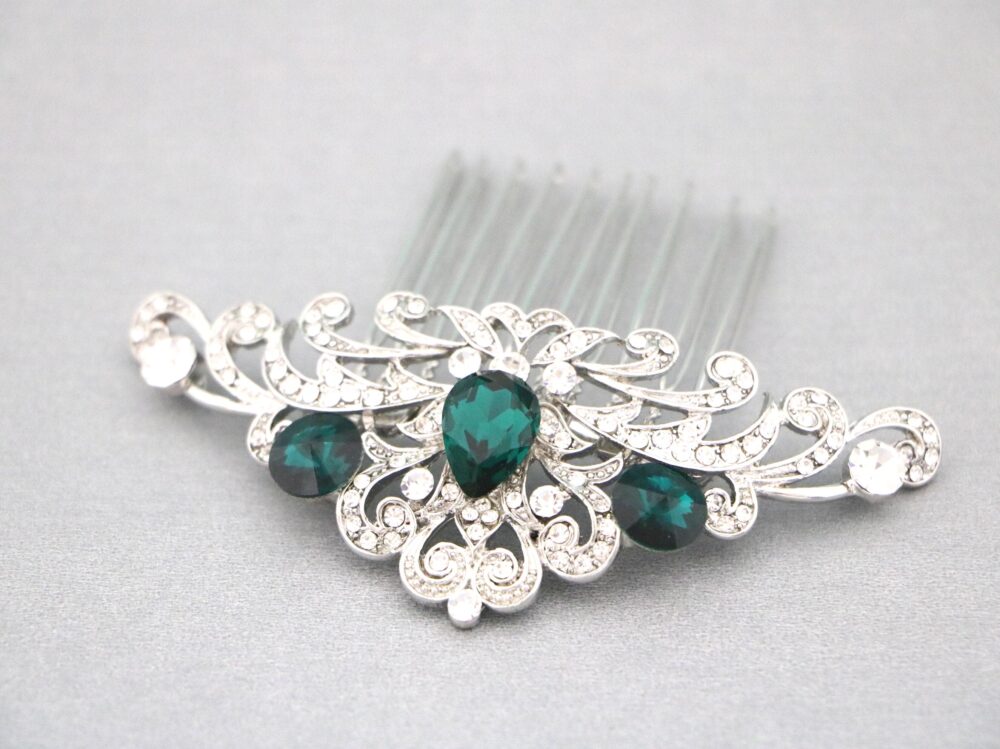 Emerald Crystal Rhinestone Hair Comb Silver Wedding Hair Accessories Navy Blue Clip Bridal Jewelry Sapphire Comb