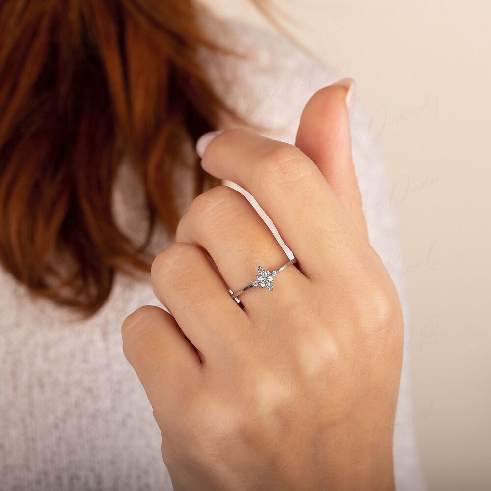 Small & Dainty 14K White Gold Diamond Womens Promise Ring, Antique Style Art Deco Delicate Minimalist Ring For Her, Moissanite
