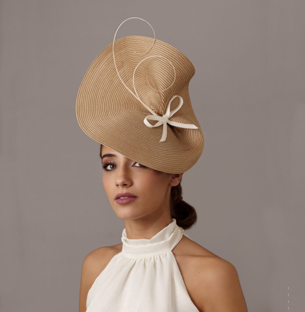 Elegant Woman Wedding Fascinator Hat Beige, Camel Derby Saucer Hat, Champagne Ascot Kentucky Woman