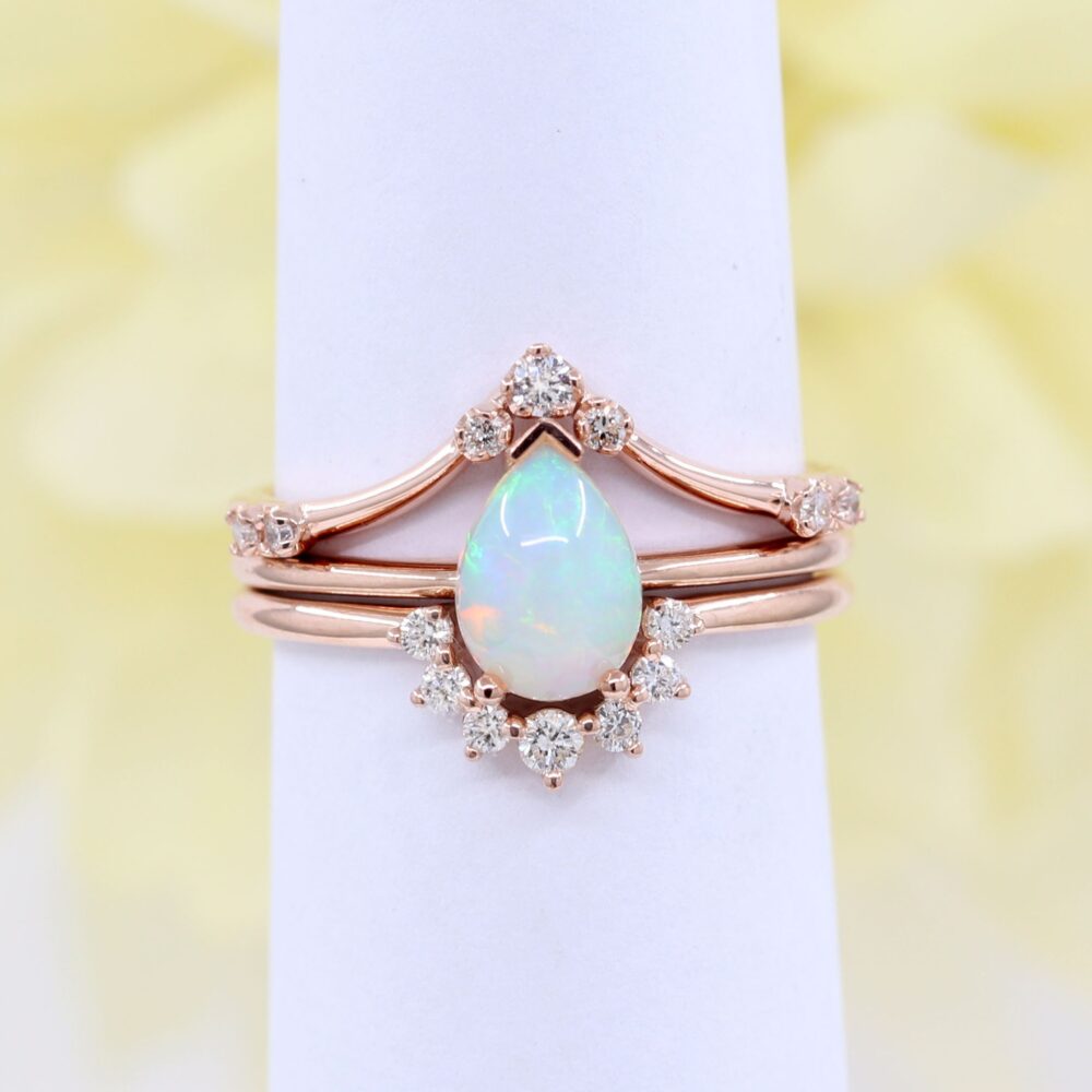 14K Pear Opal Diamond Ring Set Yellow Gold Bridal Wedding Band
