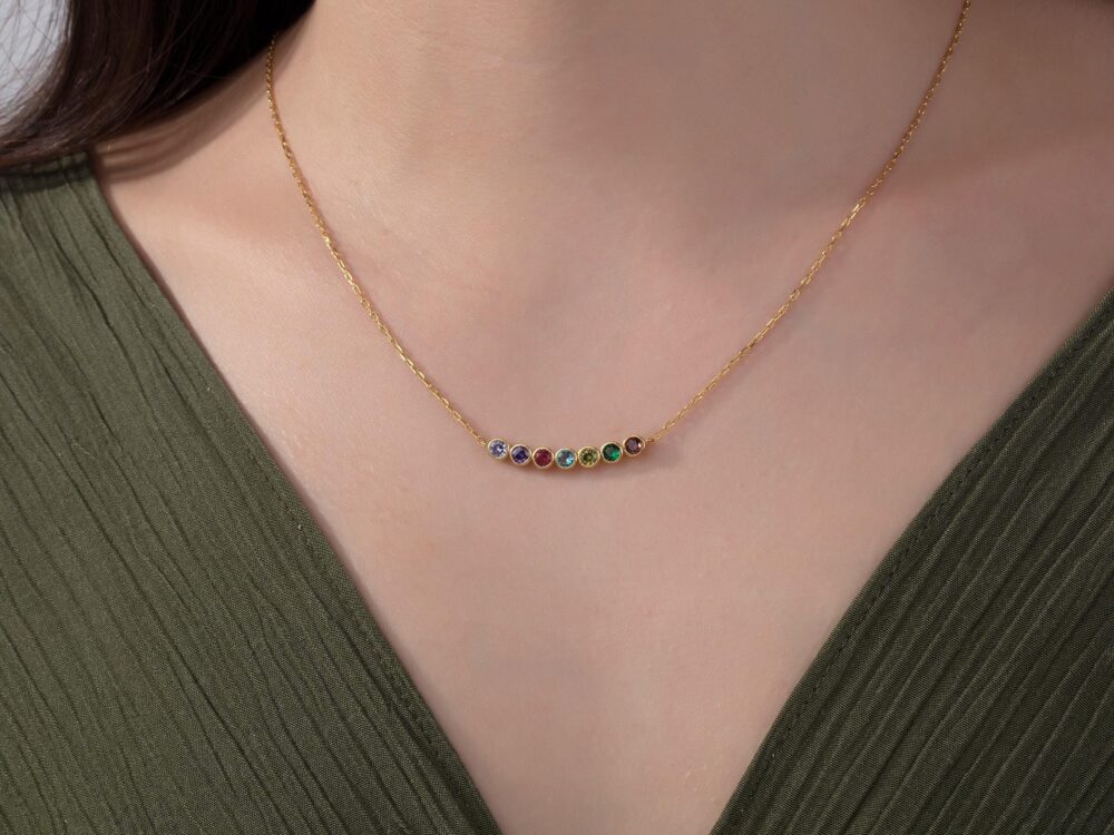 14K Gold Family Birthstone Necklace, Personalized Mothers Gift