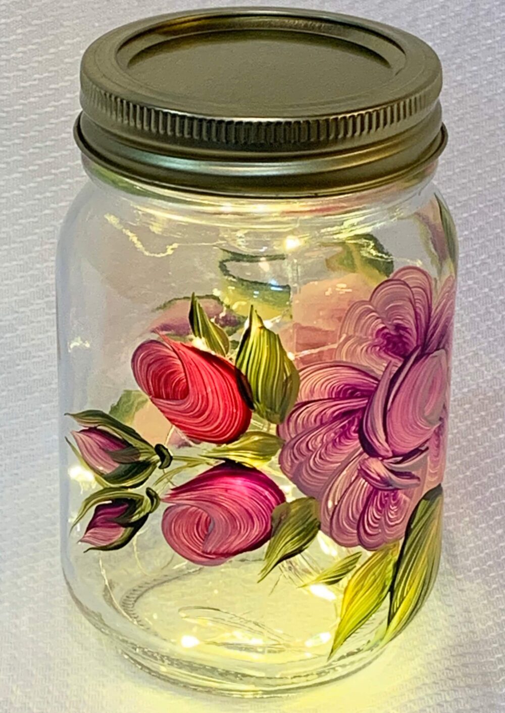 Hand Painted Lighted Mason Jar, Roses Cookie Candy Sangria Drinking Jar Bathroom Storage, 21St Birthday Gift For Her