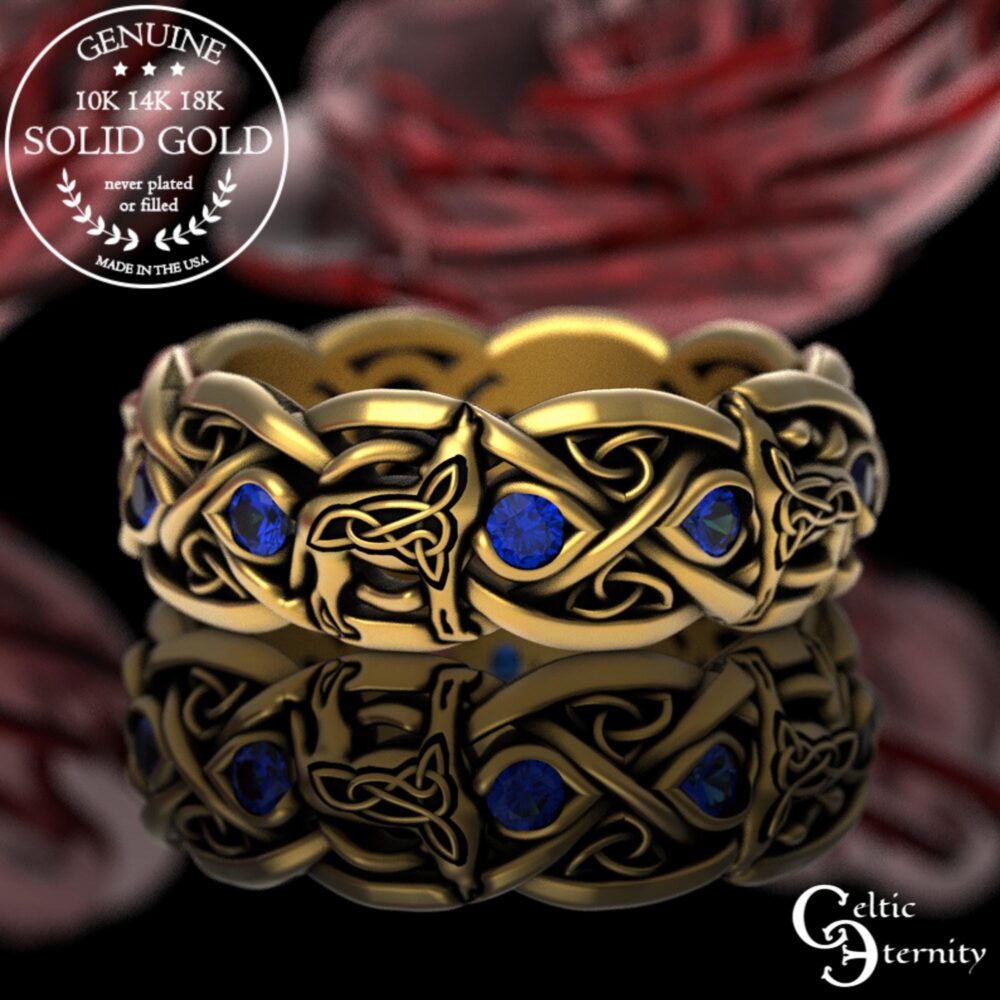 Sapphire Wolf Wedding Ring, Gold Or White Celtic Band, Infinity Ring, 1267