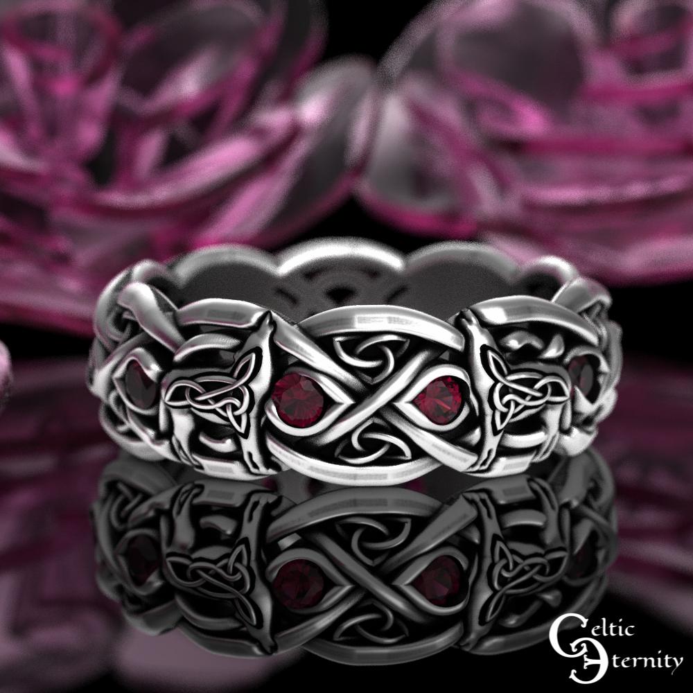 Ruby Wolf Wedding Ring, Sterling Silver Celtic Band, Infinity 1267