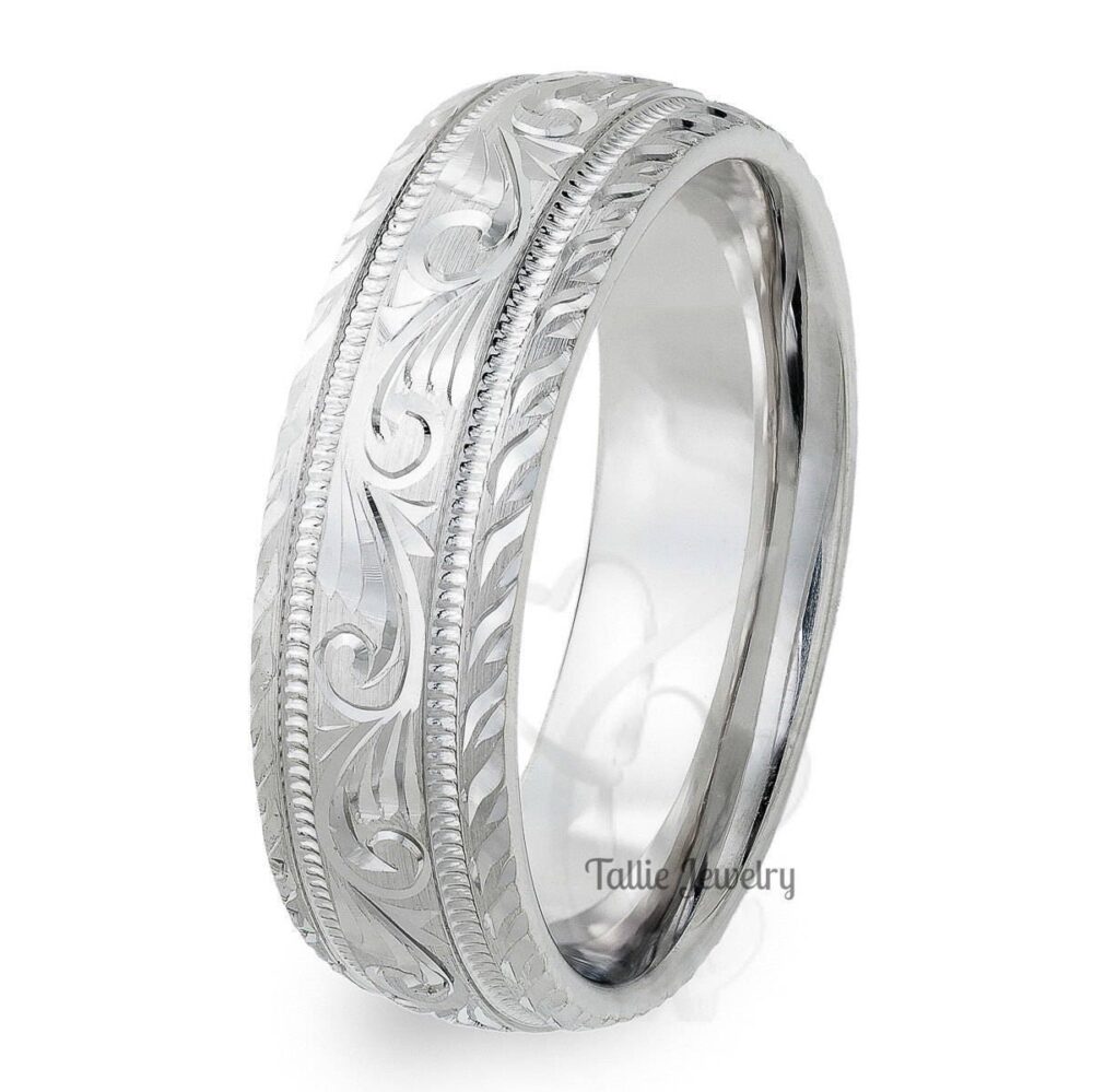 Platinum Hand Engraved Mens Wedding Bands, Rings, Band, Ring