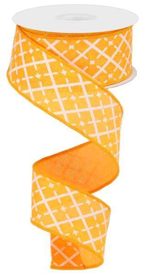 Bright Orange Melon Color With White Glittered Argyle Basket Print On Wired Burlap Ribbon Finished in A Matching Edge 1.5x10 Yd Rg0190120