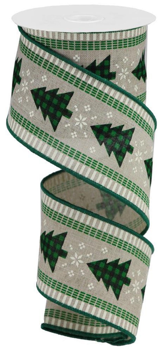 Christmas Burlap Ribbon Buffalo Plaid Trees, Green Satin Edge | 2.5" X 10 Yard Roll