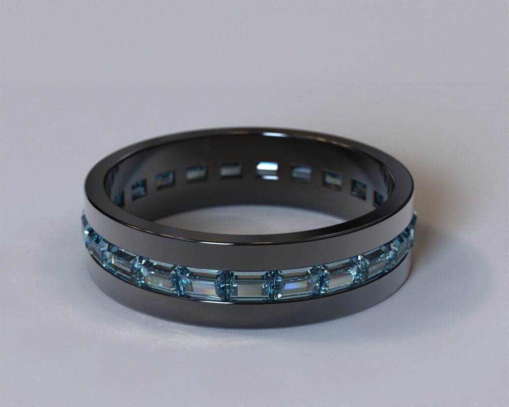 Blue Diamond Black Gold Mens Wedding Band Baguette Cut