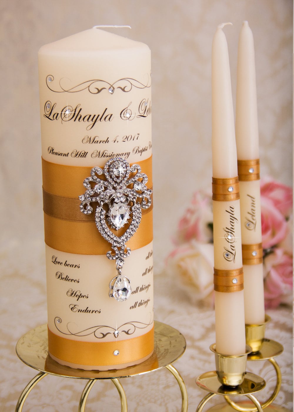 Golden Wedding Unity Candle Set, Candles Personalized Candles, Gold Custom