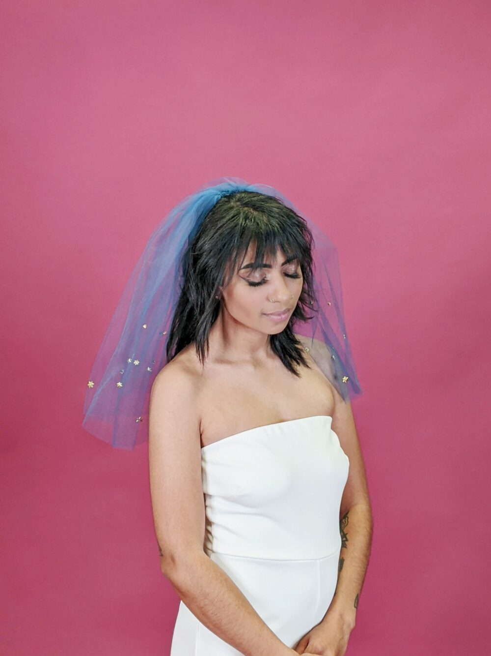 Something Blue Wedding Veil Gold Star Studs, Midnight Tulle