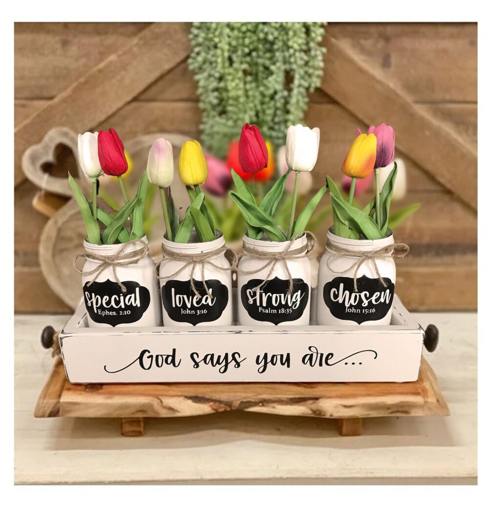Wood Box Centerpiece, Mason Jar Tulips, Handmade Dining Table Decor