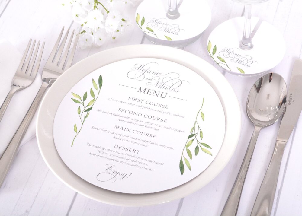 Round Wedding Menus - Plate Free Matching Wine Stem Tags 6.5" Greenery Menu Dinner #wdim-321