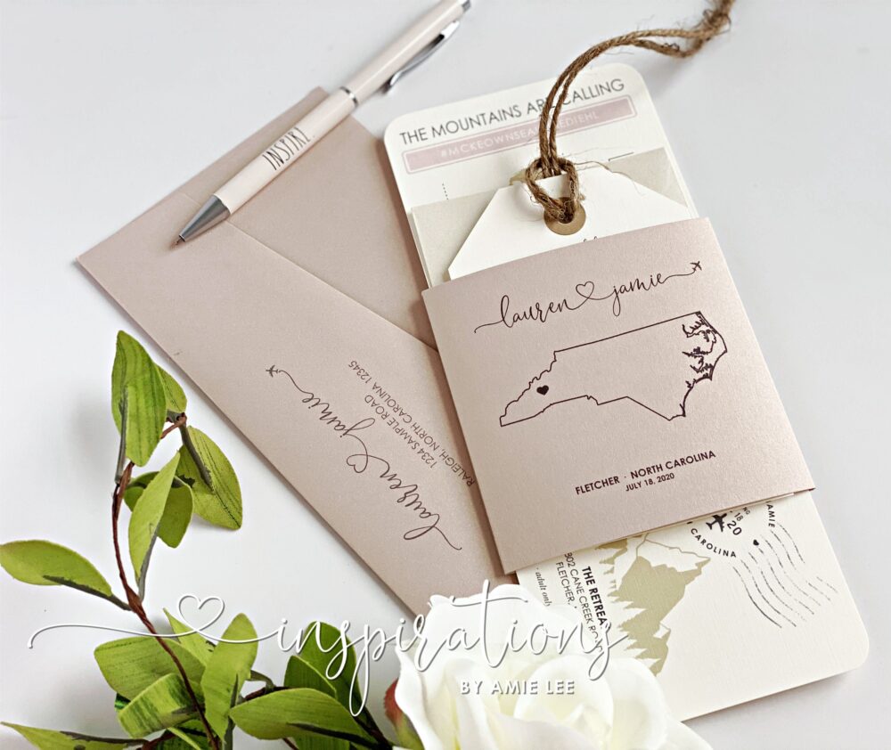 Boarding Pass Wedding Invitations, Destination Wedding, Airplane Ticket, Travel Theme, Mountain Rose Gold Blush Invitations