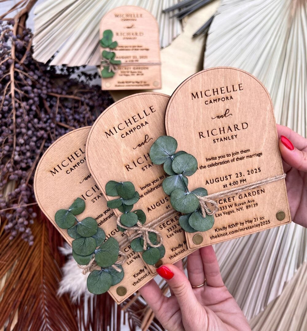 Eucalyptus Wooden Wedding Invitation Set, Rustic Invitations - Arch Greenery