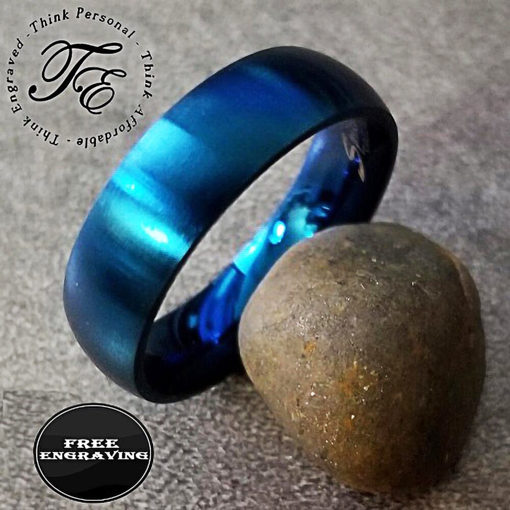 Engraved Matte Blue Wedding Band Comfort Fit Stainless Steel Ring