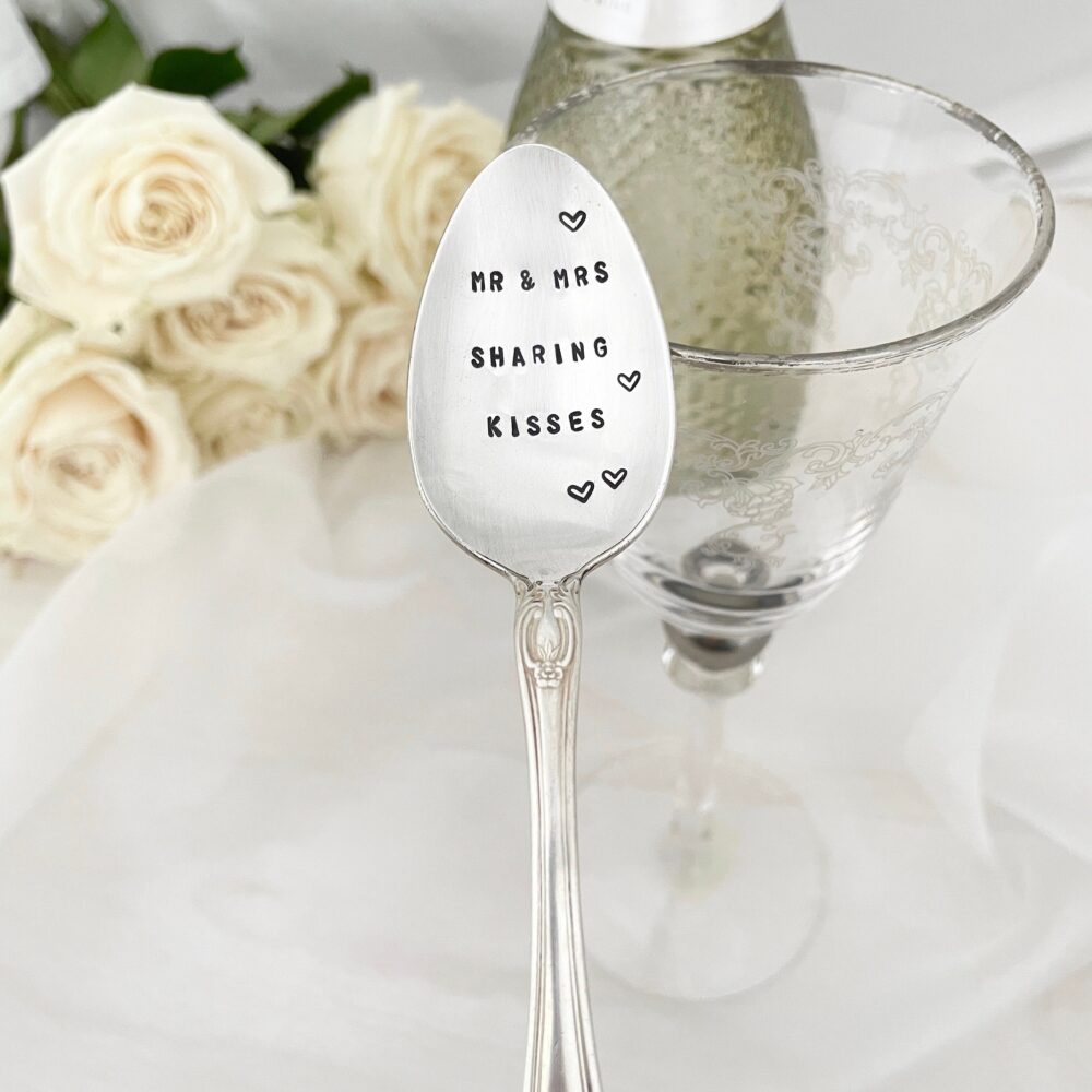 Hand Stamped Vintage Wedding Spoon -Mr & Mrs Sharing Kisses, Keepsake, Favors, Anniversary Gift, Newlywed Gift