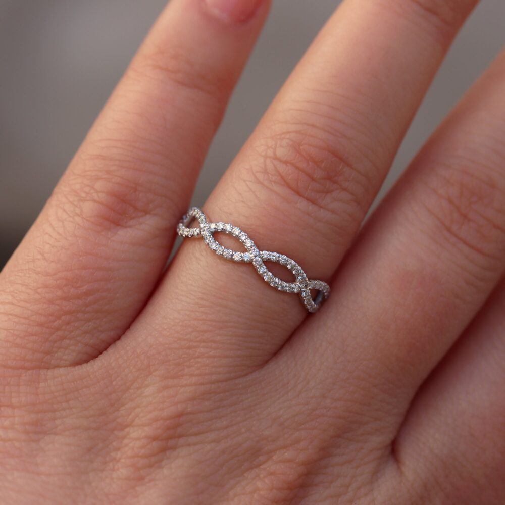 Infinity Diamond Ring, 14K White Gold Full Eternity Twist Wedding Band, Anniversary Micro Pave Ring