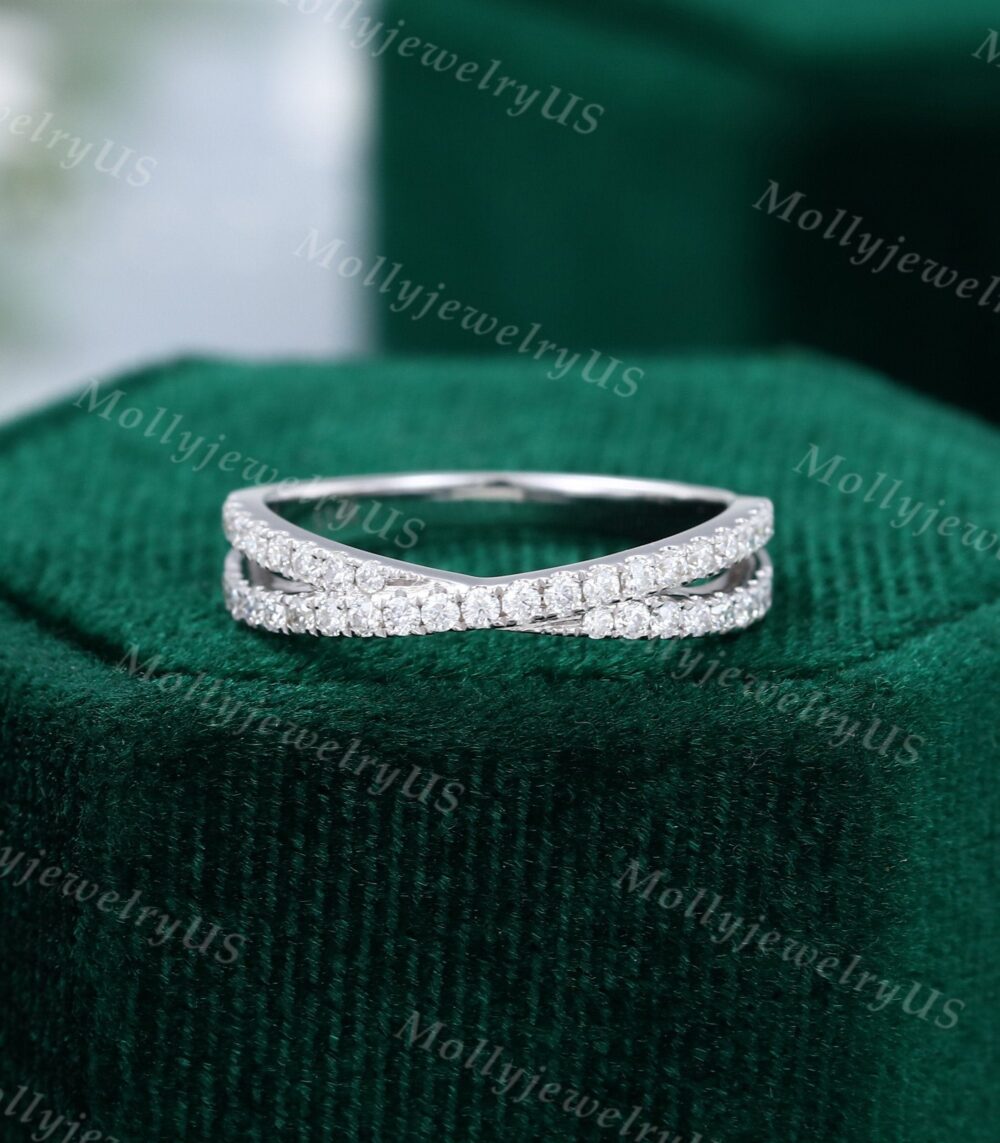 Unique Wedding Band White Gold Cross Moissanite Vintage Bridal Half Eternity Stacking Matching Promise Gift For Women
