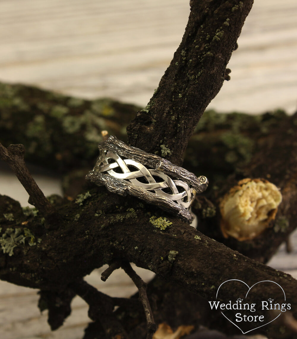 Mens Branch White Gold Wedding Band, Braided Tree Unique Bark Ring, Twist Wild Unusual Ring