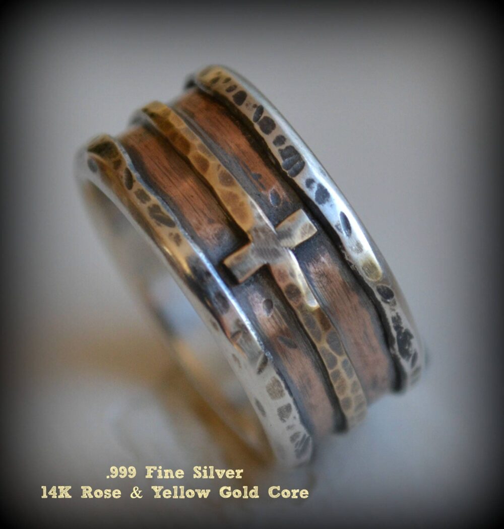 Mens Wedding Band - Rustic Fine Silver 14K Rose & Yellow Gold Cross Ring, Handmade Artisan Designed Wide Manly Custom