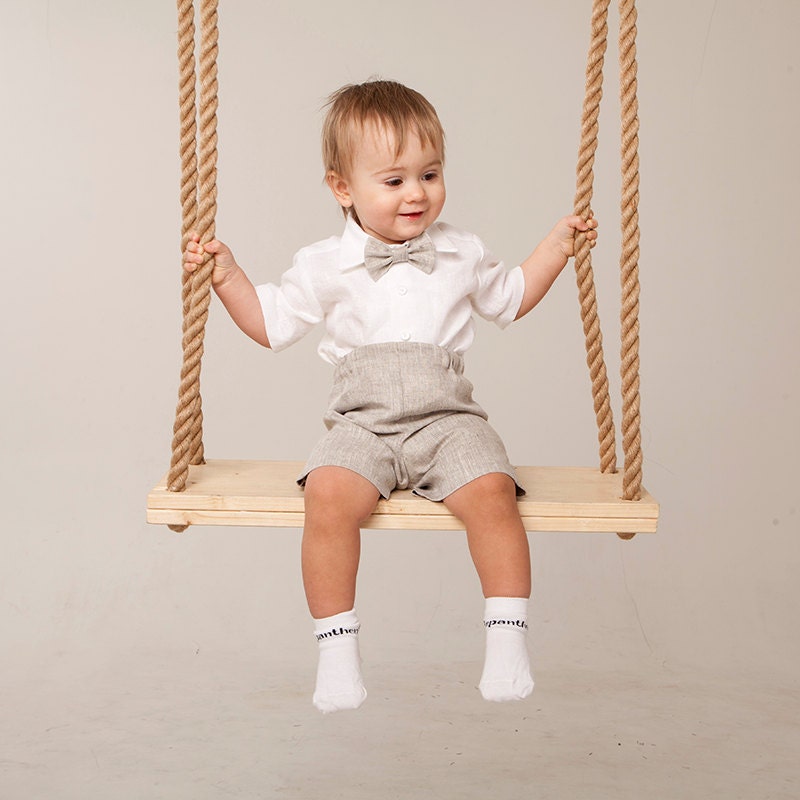 Baby Boy Tan Linen Outfit, Rustic Ring Bearer Suit, Shorts, Shirt, Bow Tie