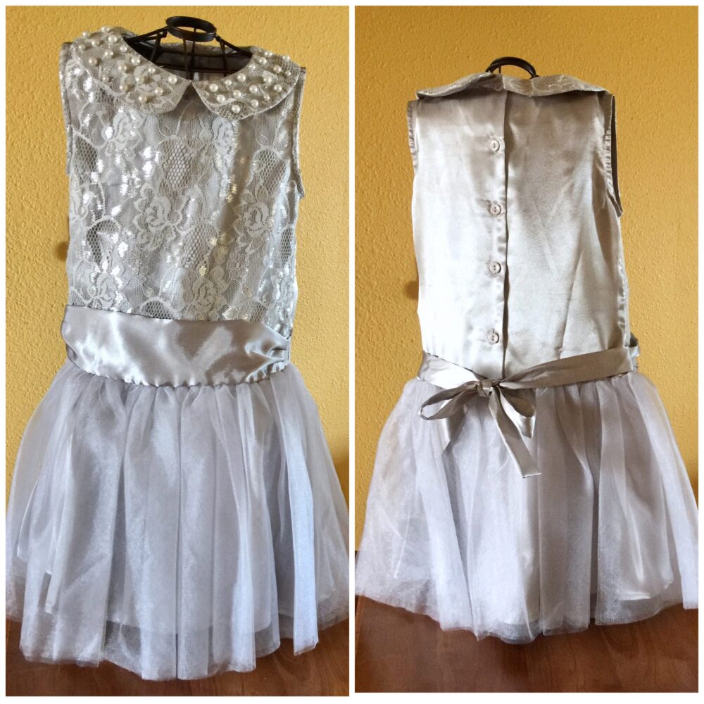 Silver Metallic Gray Lace Satin Dress Flapper Pearl Drop Waist Baptism Gown Flower Girl Christening Formal Evening Wedding 6 Year Princess