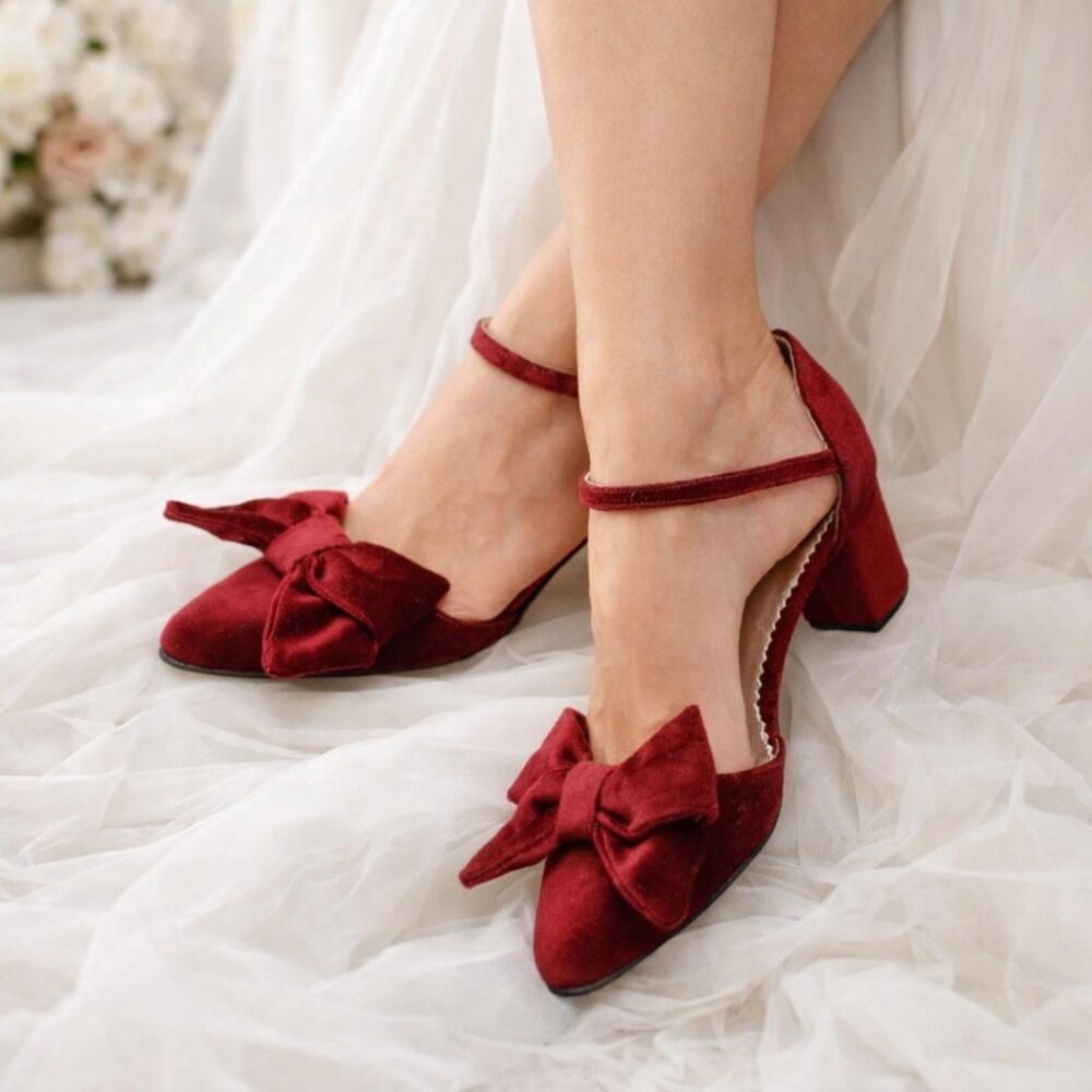 Wine Red Velvet Bow Heels Handmade Burgundy Bridal Pumps