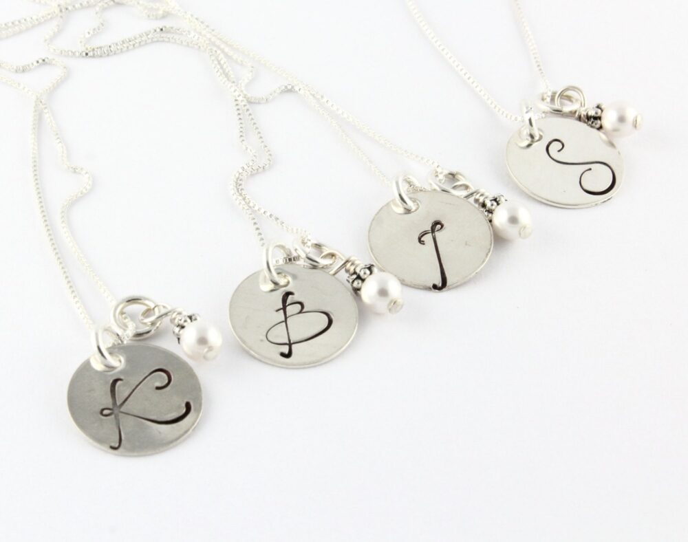 Personalized Initial Necklaces - Bridesmaid Gift Set Of 4 Sterling Silver Birthstone Necklace-Custom Wedding Maid Honor