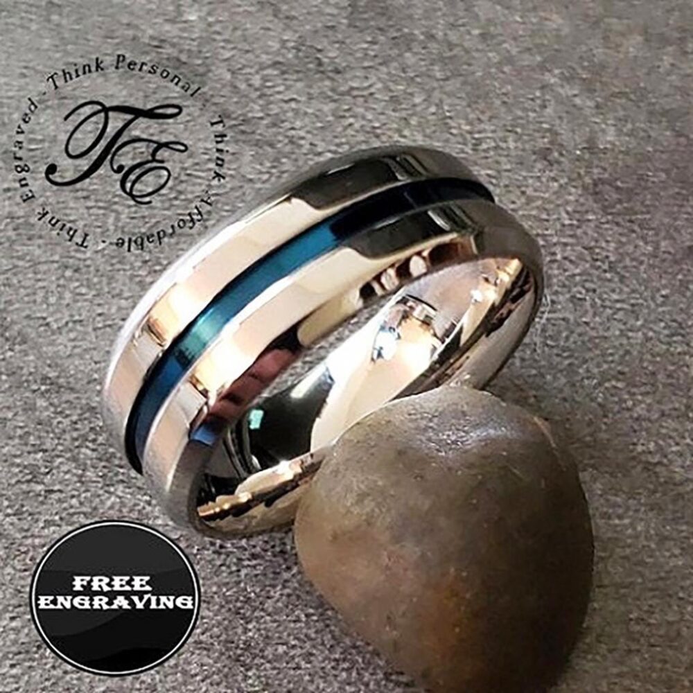 Engraved Silver Wedding Ring Band Blue Groove, Comfort Fit