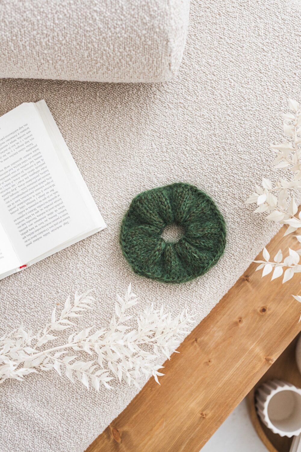 Green Mohair Cable Knit Hair Scrunchies, Fluffy Women's Knitted Ties, Handmade Alpaca Wool Accessories For Woman, Gift Friend