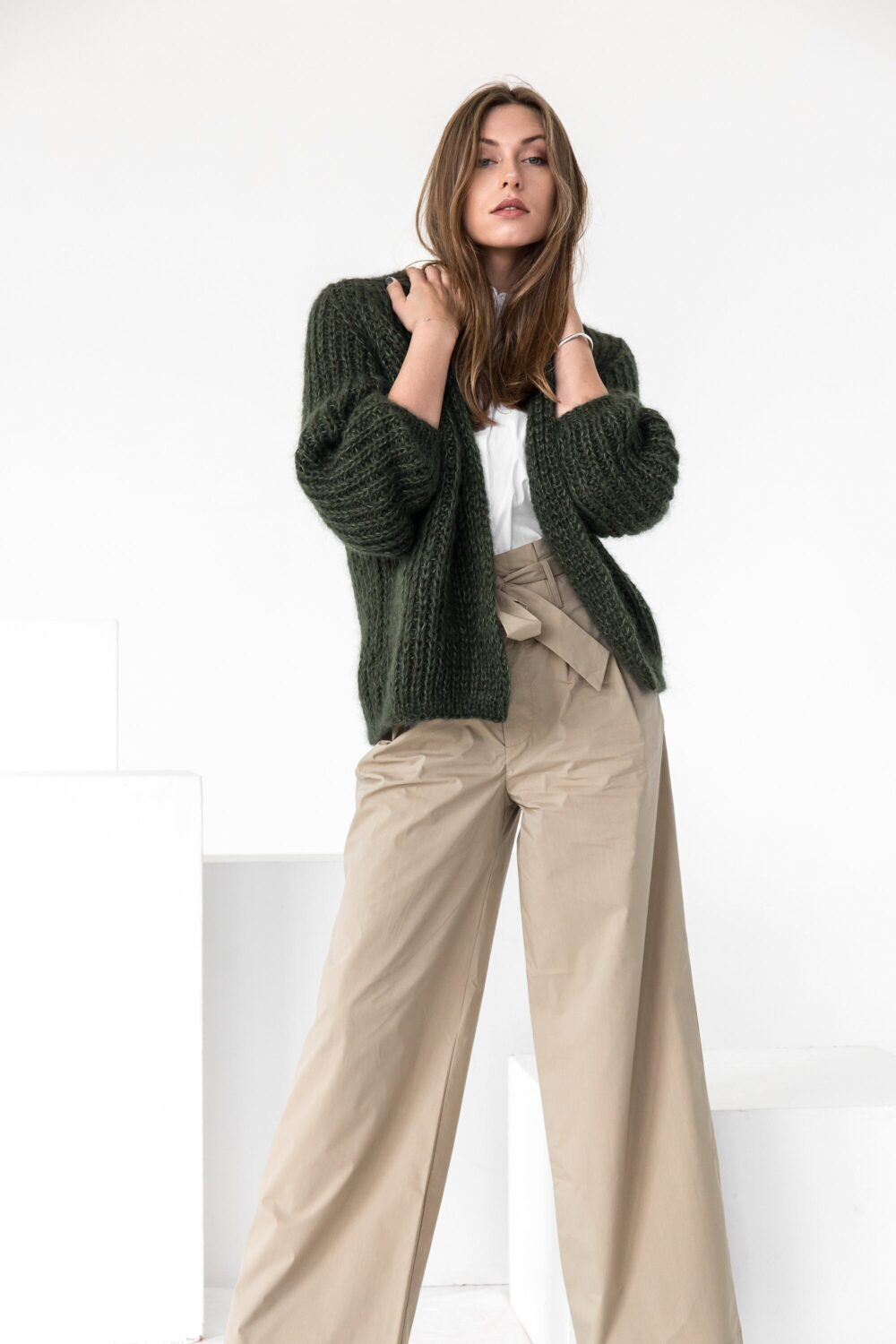 Green Chunky Knit Thick Fluffy Mohair Women's Cardigan, Moss Shade Cable Knitted Alpaca Wool Blend Fuzzy Sweater, Slightly Oversized Jacket