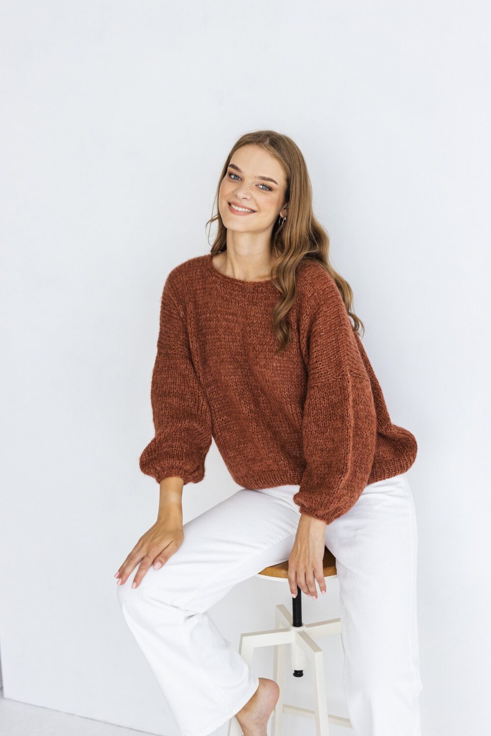 Rust Cable Knit Fluffy Mohair Sweater, Brown Oversized Chunky Knitted Alpaca Wool Women's Jumper, Burned Orange Handmade Fuzzy Pullover