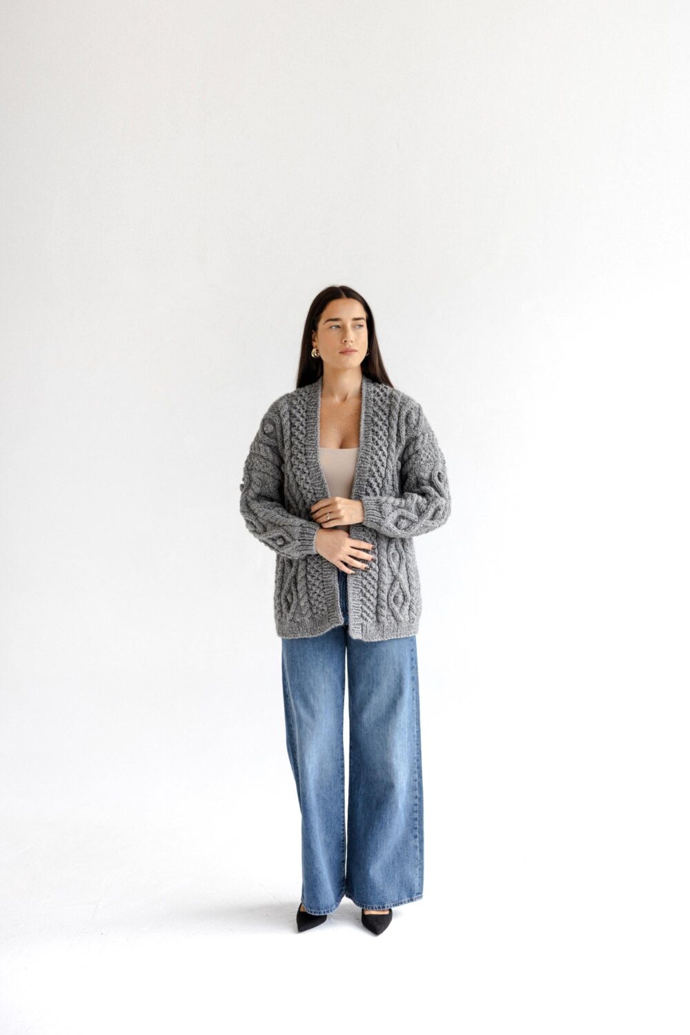 Light Gray Chunky Knit Oversized Alpaca Cardigan, Cable Women's Jacket, Irish Sweater For Woman, Fair Isle Handmade Wool Gift