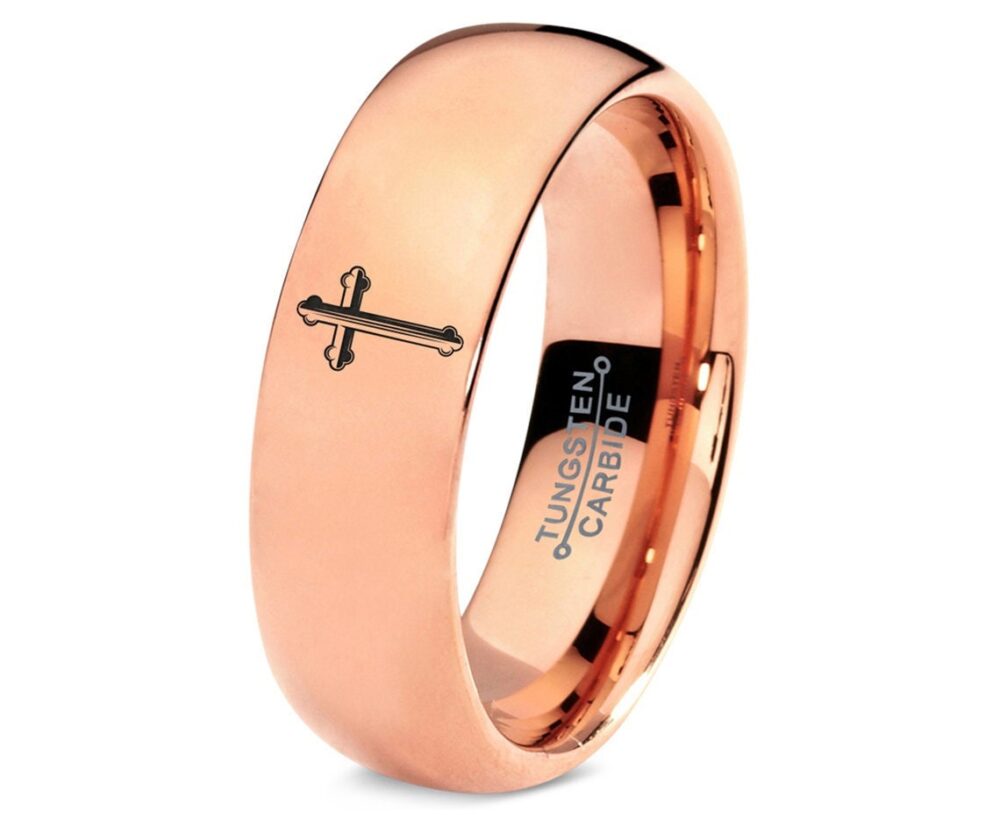 Christian Holy Sign Ring - Rose Gold Wedding Band Tungsten Rings For Men 8mm Anniversary Gifts Wife