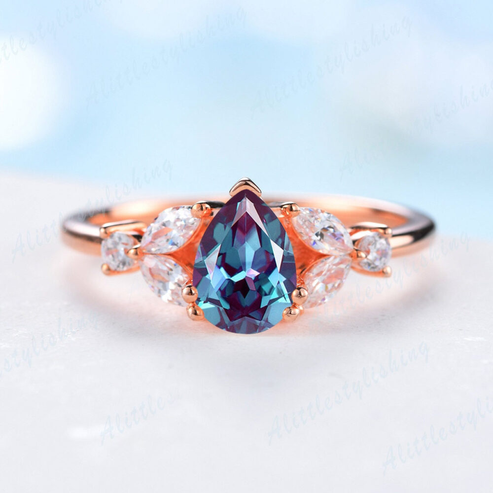 Alexandrite Bridal Ring, Pear Cut Alexandrite Engagement Marquise Art Deco Wedding Rose Gold Promise Ring Anniversary Gift