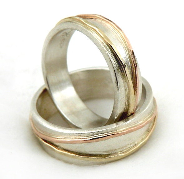 Wedding Ring Set, Promise Lovers Popular, Two-Tone Crossed Gold Hoops On Sterling Silver, Handmade Wedding Rings, Band