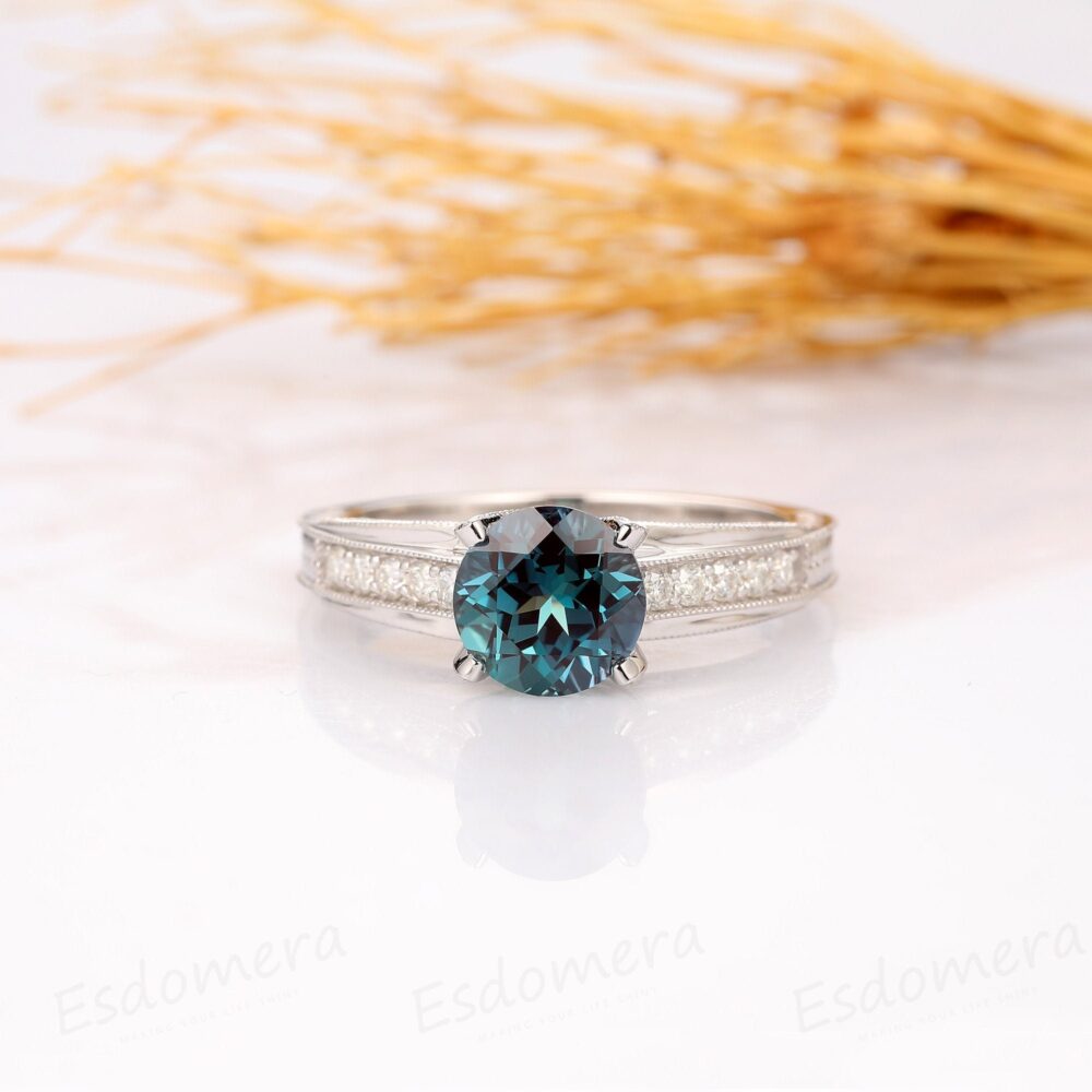 June Birthstone Ring, Cross Band 2.5Ct Round Cut Alexandrite 14K White Gold Wedding Art Deco Antique Anniversary Ring