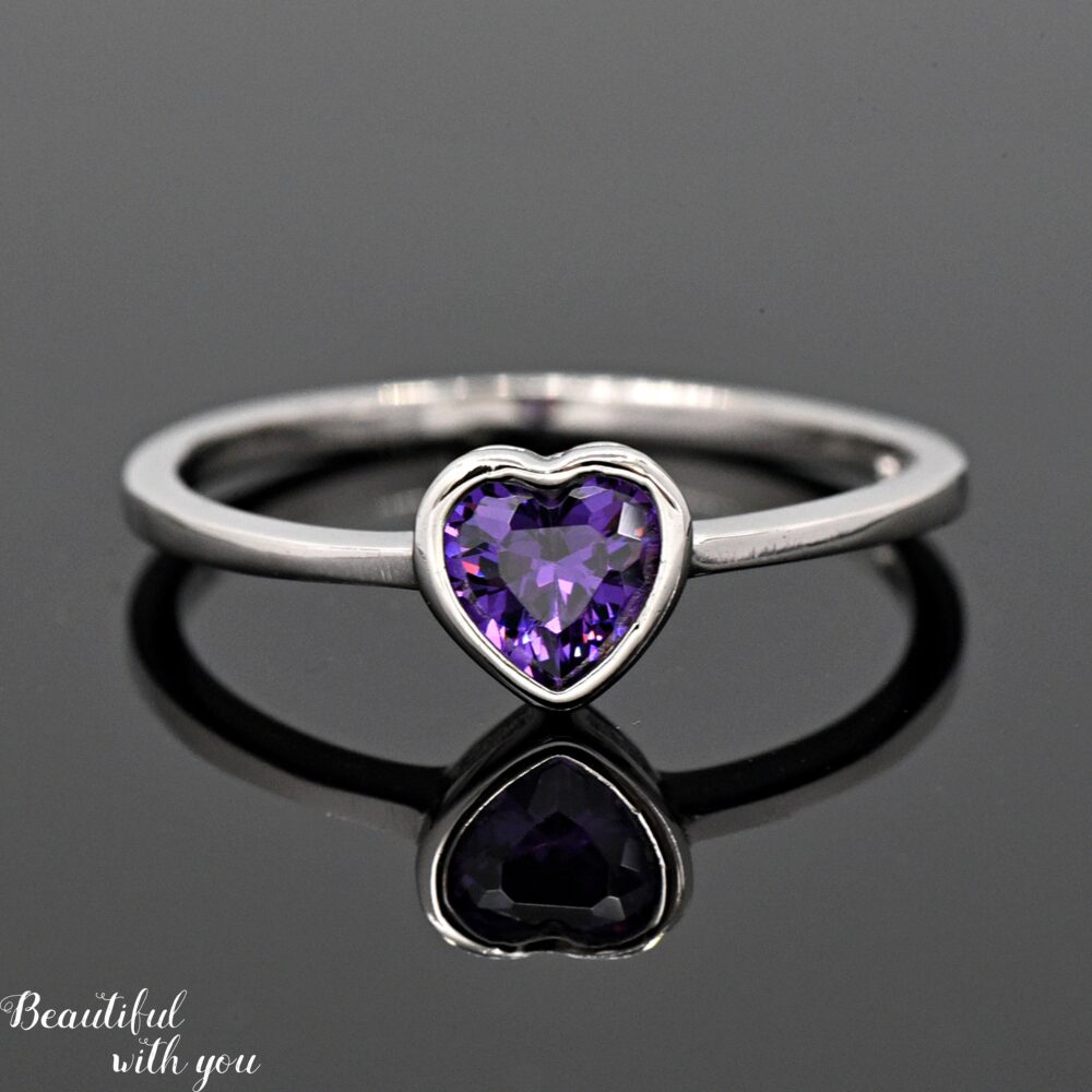 Simulated February Birthstone Amethyst Heart Cz Bezel Set Ring, Daughter Mother Baby Girls Children's Purple Ring
