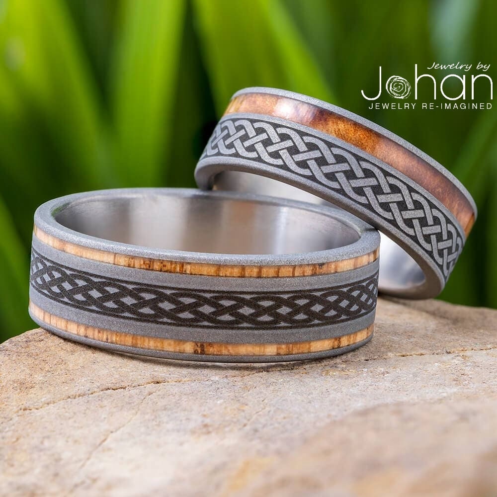 Celtic Knot Wedding Ring Set, Oak & Olive Wood Inlays, Titanium Bands