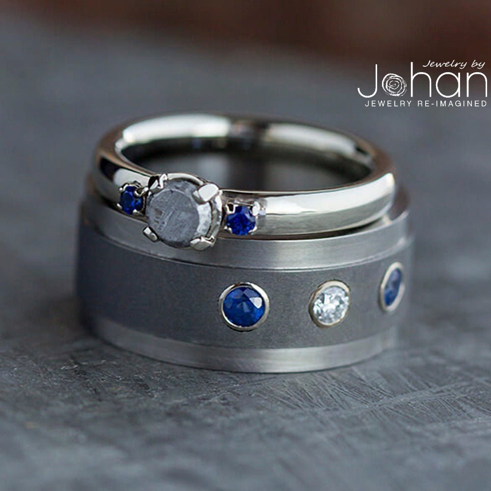 Blue Sapphire Wedding Ring Set, Meteorite Engagement Ring, Titanium Band