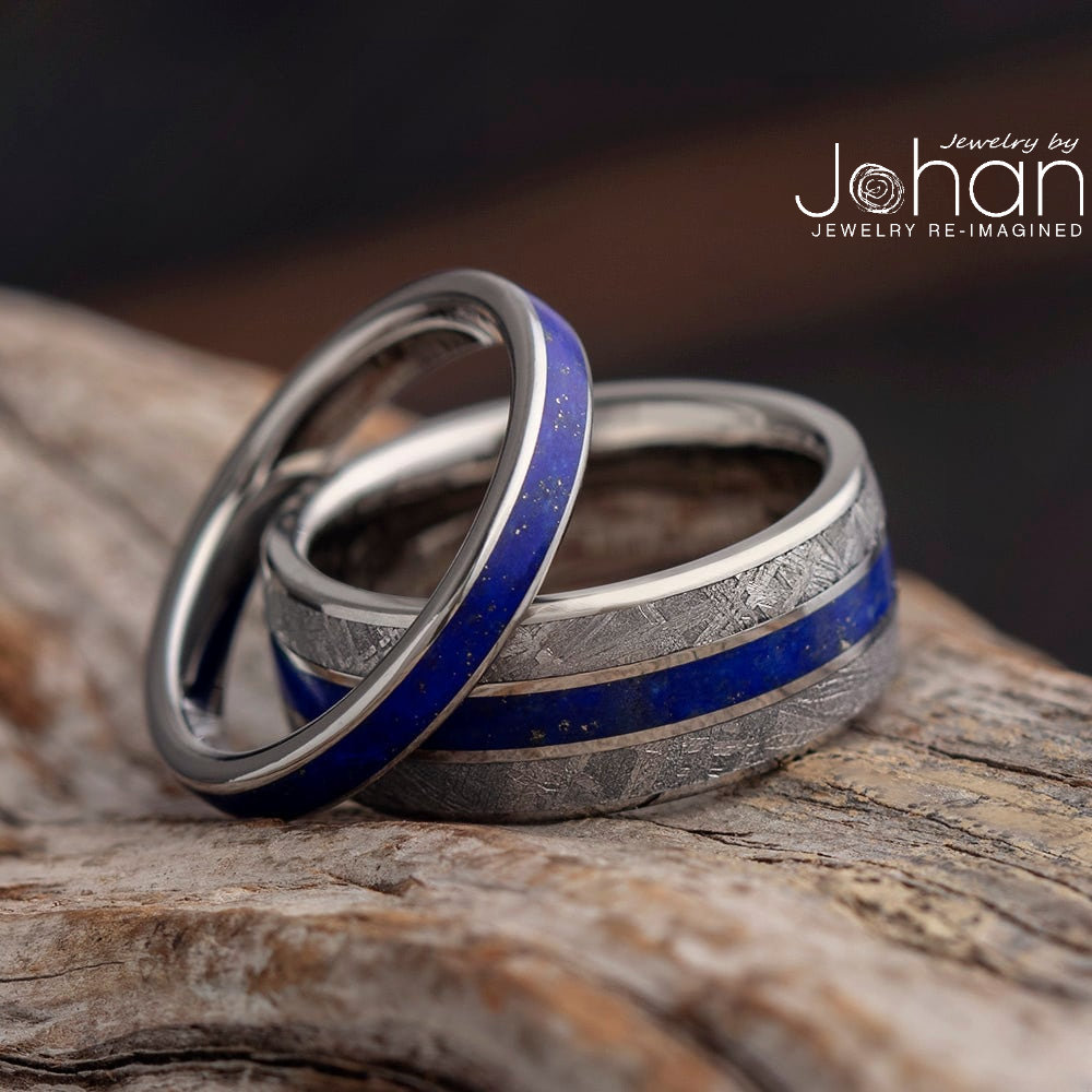 Meteorite Lapis Lazuli Wedding Ring Set, Titanium Bands