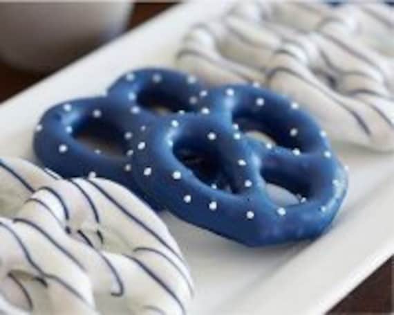 Chocolate Covered Pretzels White Decorated in Royal Navy Blue Baby Shower Birthday Wedding Favor Custom Orders Fathers Day
