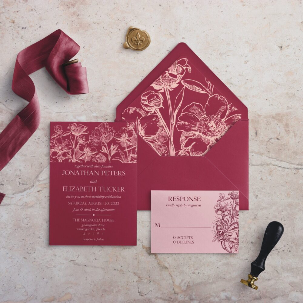 Red & Pink Wedding Invitation| Blush Floral Moody Autumn Invitation