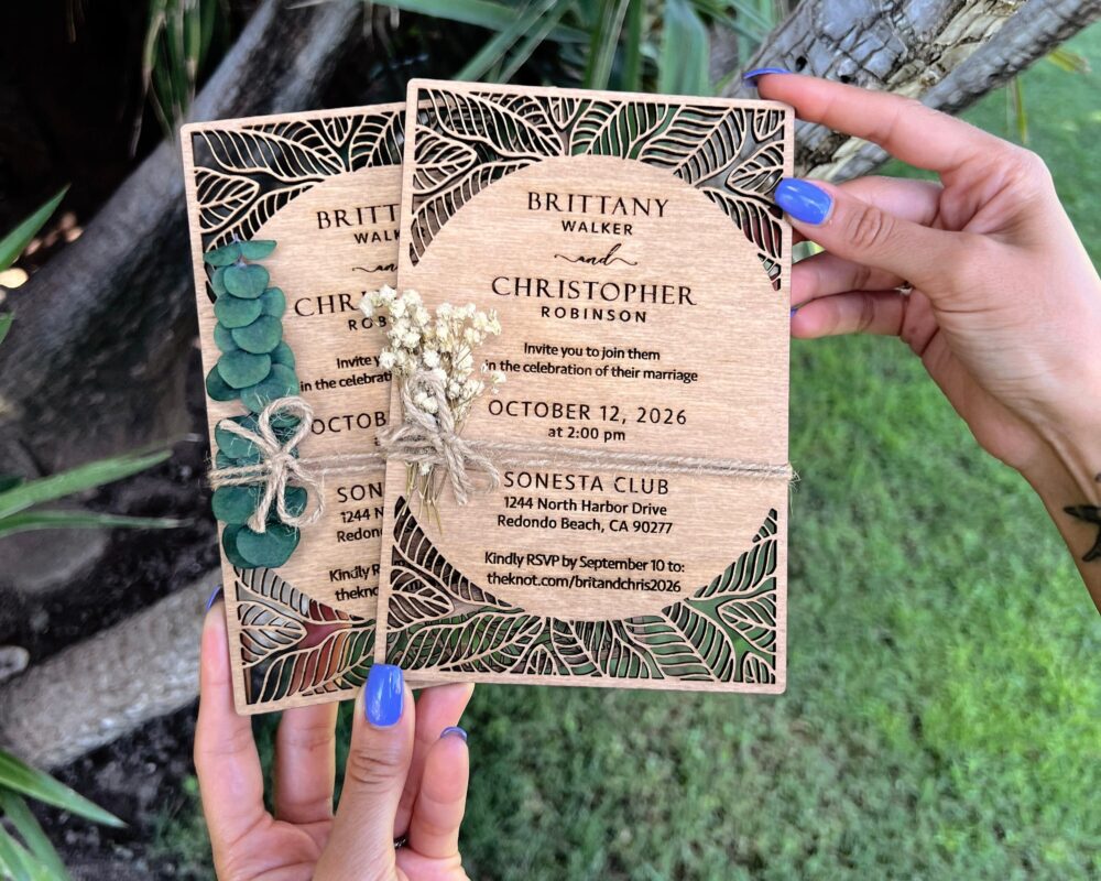 Eucalyptus Floral Tropical Wedding Invitation - Beach Weddings Laser Cut Wooden Invitations
