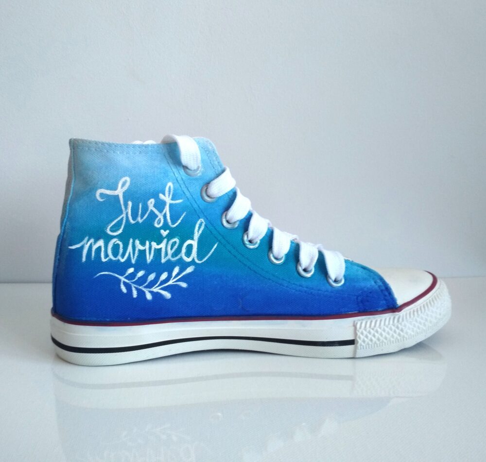 Custom "Just Married' Handpainted Bridal Shoes Blue Ombre Wedding Sneakers