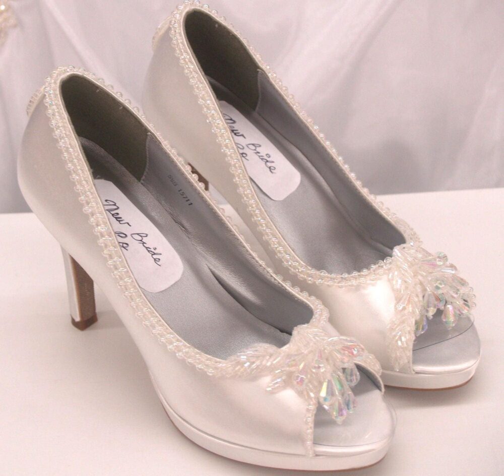 Size 5 1/2 White High Heel Shoes Iridescent Color Embellished, 5.5, White Satin, Peep Toe, Modern Cinderella, Ready To Ship, Pearl Detail